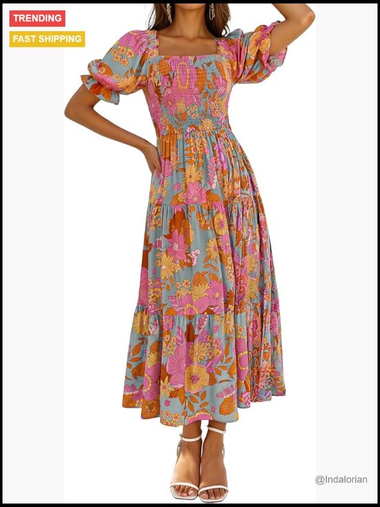 Dresses & Skirts - Boho Floral Print Square Neck Ruffle Swing Beach Maxi Dress